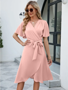 Robe midi unie sans manches à col en V et laçage pour femme – Style élégant et tendance pour le quotidien et les soirées d'été - Product Image 5