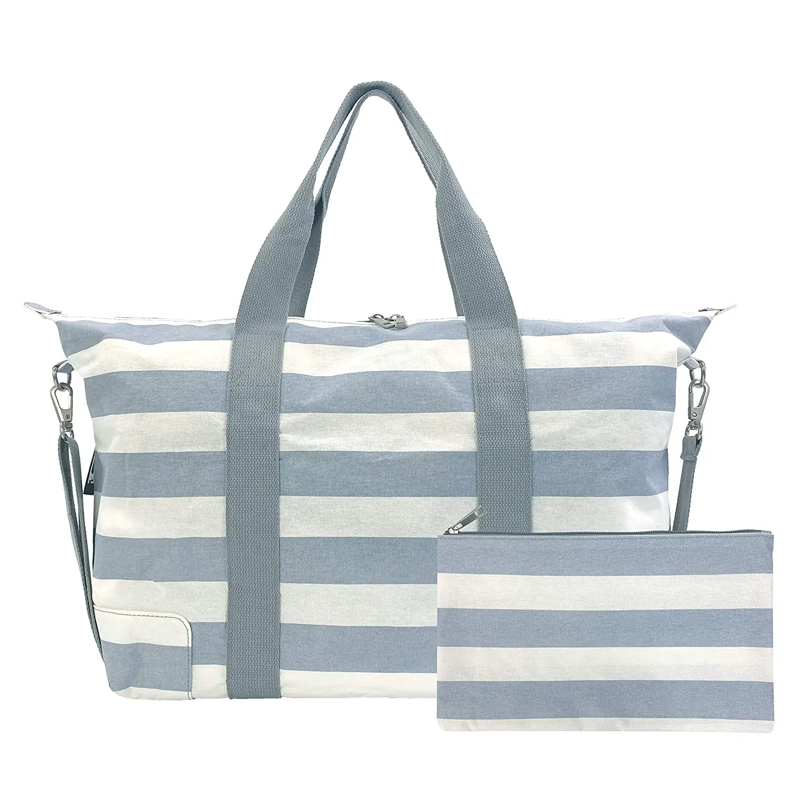 Custom Logo Shopping Camping Travel Large Capacity Blue and White Striped Cotton Canvas Summer Beach Bag