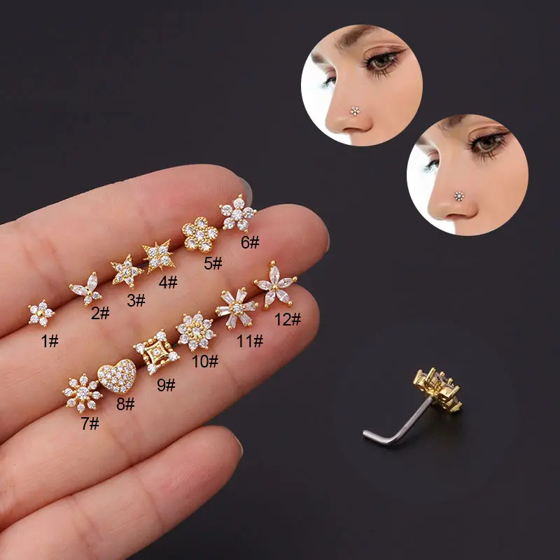 1Pc Brass Rhinestone Plum Flower Heart Star Crown Clip on Nose Ear Clip Cuff Piercing Nose Ring for Women Girls Nose Studs