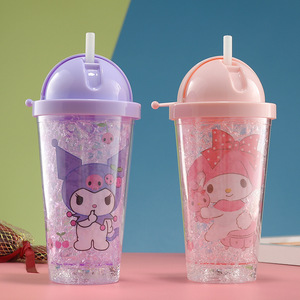 Cartoon Plastic Straw Cup Double Wall Portable Water Bottle For Students Summer Theme Pink Dark Violet Two Piece Set - Product Image 2