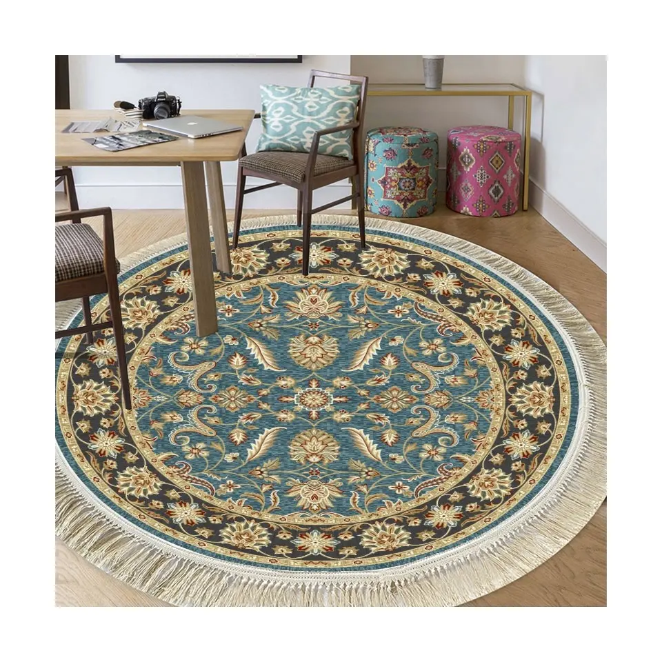Persian Flower Pattern faux silk hand knotted Polyester round carpet jacquar Pattern area Rug with tassels