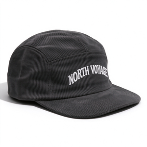 Casquette de camping unisexe en velours côtelé à 5 panneaux, style vintage, visière plate, broderie 3D en relief, gris uni, sangle réglable, style décontracté urbain - Product Image 4