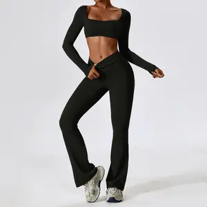 2024 nouveau Design en gros 4 pièces personnalisé côtelé Yoga ensemble vêtements de sport vêtements d'entraînement femme Fitness vêtements vêtements actifs ensemble