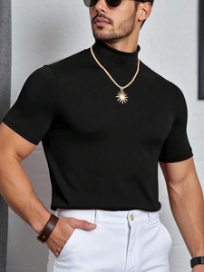 Men's solid color stand-up collar short-sleeved casual T-shirt, autumn clothing factory, customization available.F10 - Product Image 2