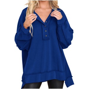 Femmes surdimensionné XXL soie pull décontracté à manches longues bouton Henley cou pull tunique hauts hiver sweat tenues en gros - Product Image 4