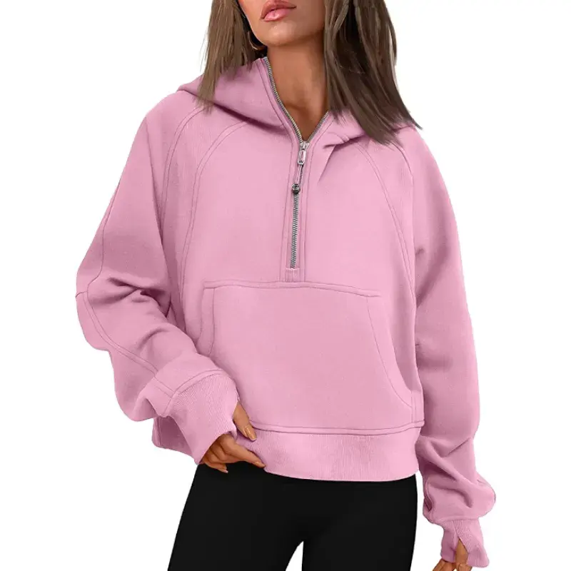 Frauen Cropped Hoodies Fleece Half Zip Pullover Trendy Quarter Zip Up Damen Winter Hoodie mit Taschen