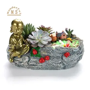 Pot bunga desain kolam pot bunga biksu Resin, desain batu plantpot memancing poliester, pot bunga taman buddha polistone kecil