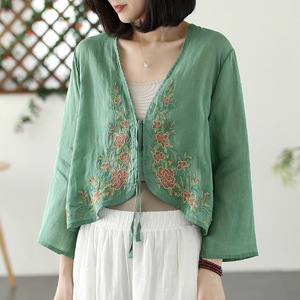 Women's Embroidered Chiffon Cardigan Long Sleeve <b>Tie</b> Front Summer Blouse Breathable Yellow Green <b>Purple</b> Orange Cotton Wrap Shirt - Product Image 5