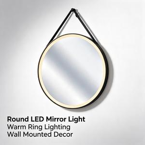 กระจกห้องน้ำ LED แบบแขวนทรงกลม, กรอบไม้ทรงวงแหวน แสงวอร์มไลท์ ตกแต่งผนัง, กระจกแต่งหน้าแบบสัมผัสควบคุมแสงสว่าง - Product Image 1