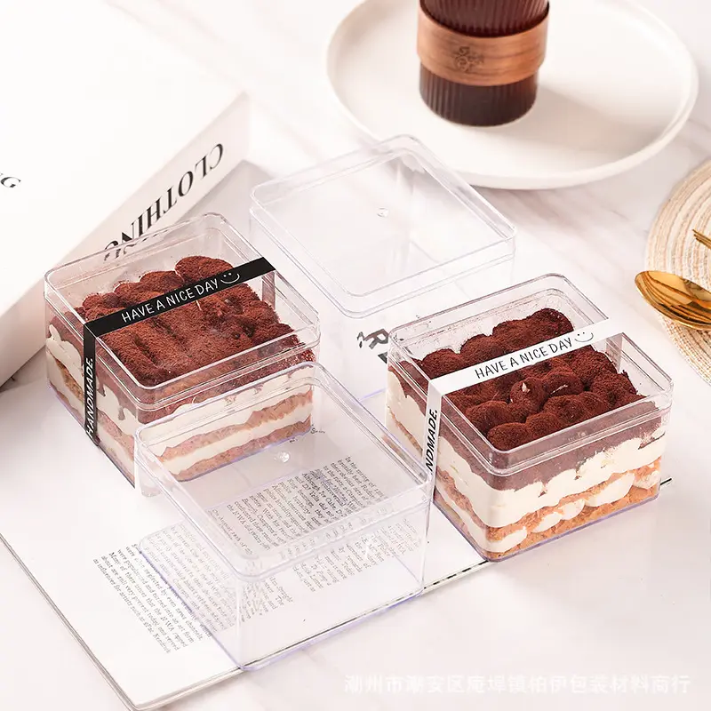 Carré Acrylique Tiramisu Gâteau Conteneur De Stockage Boîte Mousse Dessert Bonbons Biscuit Doux Emballage En Plastique Boîte Transparente Avec Couvercle