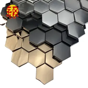 3D 효과 스테인레스 스틸 골드 플레이트 은색 헤어 라인 블랙 페인트 타일 벽 육각 모자이크 공장