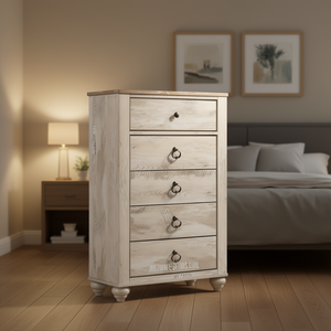 Commodes modernes contemporaines à 5 tiroirs avec dessus en bois patché Imerland White Wash Finish - Product Image 2
