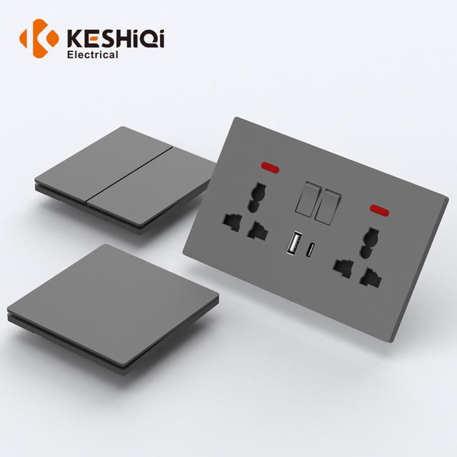 KESHIQI 86 Type Plastic PC Gray Ultra Thin 13A/10A Modern Wall Switch Socket UK Standard for Home Hospital Use