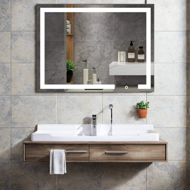 Anti Fog Temperature Display LED Lighted Rectangular Smart LED Touch Mirror for Bathroom