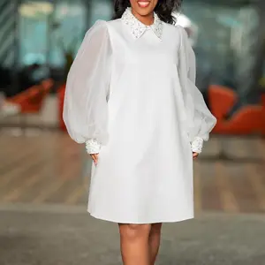 2023 Newest Fashion Mesh Sleeve Pin Bead Elegant African A-Line Loose Straight Causal Office Midi Dress
