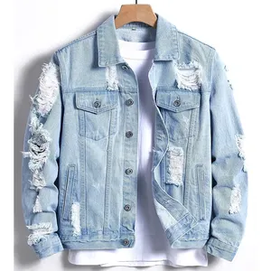 Personalizada estilo de la calle de moda Casual Ripped Denim Jacket Chaqueta de mezclilla de los hombres