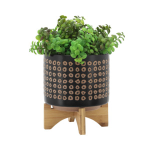 Vasi Rotondi in Ceramica con Supporti in Bambù per Arredamento Casa, Set di Due Fioriere Moderne - Product Image 3