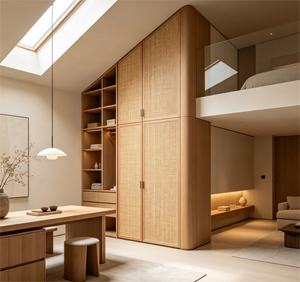 Armoire <span class=keywords><strong>de</strong></span> Plafond Incliné Moderne Écologique <span class=keywords><strong>de</strong></span> Classe E0, en Bois et Rotin, Sur Mesure, avec Coins Arrondis, pour Loft ou Grenier - Product Image 1
