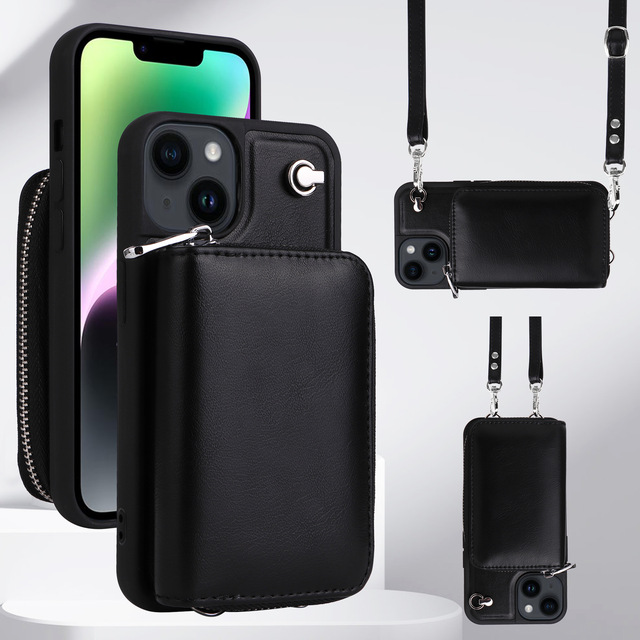 Crossbody Lanyard Zipper Wallet with Card Holder Phone Case for IPhone16 15 14 13 12 11 Pro XR XS Max 8 7 Plus Back Stand Cover