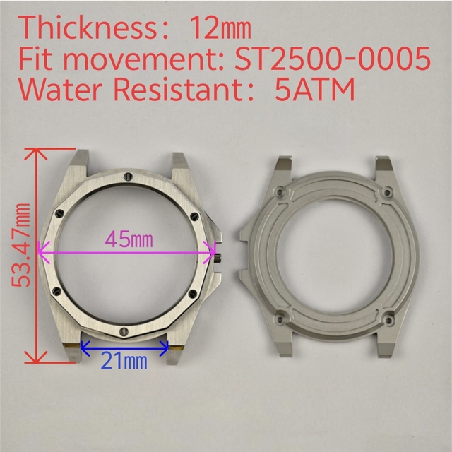 High Quality 45MMX53.4MM Customized 316L Stainless Steel  Case Sapphire Glass 5ATM Waterproof Fits ST2500-0005 Movement
