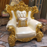 Ensemble de canapés en cuir véritable Villa, luxe, bois massif, sculpté double face, feuille d'or, style européen, en forme de U, éponge haute densité