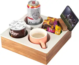 Soft Silicone Acacia Wooden Couch Caddy Couch Cup Holder Tray Silicon Lid For Cup For Bed Car Seat Beach Organizer