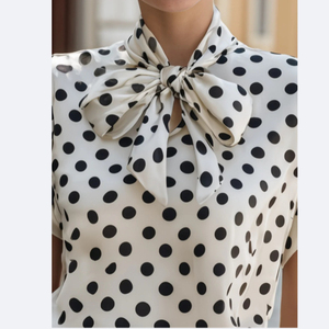5606 #   Chemisier élégant à pois avec nœud papillon et manches chauve-souris vintage pour <span class=keywords><strong>femme</strong></span> – Haut décontracté intemporel à pois pour le bureau - Product Image 5