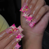 Faux ongles à presser faits main, motif fleur rose 3D, décorations en strass, motif étoile et inscription 'I Love Me', en acrylique, couvrance totale, forme carrée, mignons