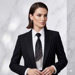 Corbata de satén negra con borlas, diamantes de imitación y flecos de perlas, sin nudos, para hombre y mujer, accesorio de moda. - Product Image 2