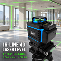 Niveau laser industriel 4D 16 lignes 360 degrés à faisceau vert, auto-nivelant, outil de nivellement croisé pour sols, murs, carreaux et plafonds de construction