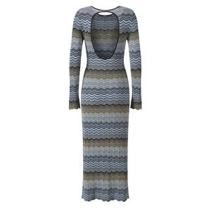 <span class=keywords><strong>Eleganti</strong></span> Abiti a Maglia a Righe per Donne, Vestito Estivo a Collo Tondo con Maniche Lunghe, Lunghezza Midi, Novità 2025 - Product Image 4