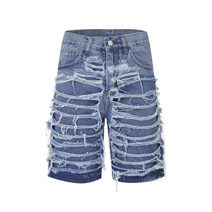 <span class=keywords><strong>Pantalones</strong></span> <span class=keywords><strong>cortos</strong></span> vaqueros desgastados con borde crudo desgastados de mezclilla apilados de Hip Hop informales ajustados elásticos de moda de verano para <span class=keywords><strong>hombre</strong></span> de alta calidad lavados - Product Image 5