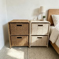 Panier à tiroirs en rotin plastique durable à 2 niveaux avec cadre en fer pour tables de chevet, rangement latéral de canapé et organisation sous le bureau