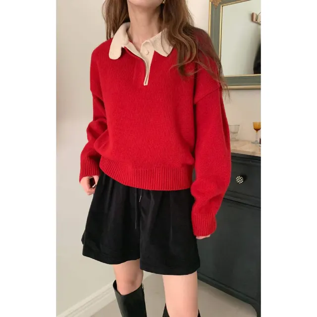 Dongdaemun south korean style women clothes Colored Collar Knit Sweater K-pop Style Good Quality Brown Light Grey Red DDM00052