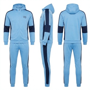 Light Blue <b>Navy</b> Color Block Tracksuit Hooded Full Sleeve Zipper Sporty Casual Autumn Wear Polyester Cotton Regular Fit <b>Joggers</b> - Product Image 1