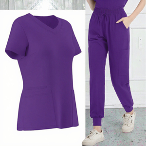 Women's V Neck <b>Scrub</b> Set <b>Purple</b> Cotton Polyester Knitted Hospital Uniform Jogger Pants Nursing Workwear - Product Image 3
