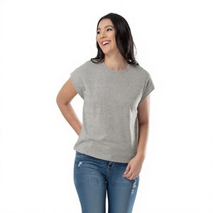 Women's Casual Loose Fit Spandex/Cotton Jersey Top Anti-shrink <b>Dropped</b> Shoulder Neck Short Sleeves <b>Back</b> Seam Side Seam Split - Product Image 2