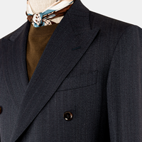 Jas Pria MTM OEM Custom Navy Stretch Wool Blend Double Breasted Low Gorge Peak Lapel