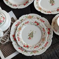 2026 Nieuwe Vintage Rode Kerst & Nieuwjaars Plantenpatroon Keramische Dinerbord Fruitplateau Dessert Schaal Magnetronbestendig