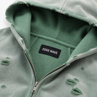 Sweat à capuche vintage déchiré et vieilli pour homme, coupe oversize, 360 GSM, vert olive, délavé à l'acide, style streetwear, bords bruts