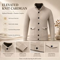 Cardigan beige à fermeture éclair pour homme, motif vintage, fausse fourrure, veste en tricot, poche plaquée, pull chaud d'hiver
