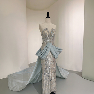Robe de soirée sirène de luxe Nt120 à sequins, avec surjupe en satin, décolleté cœur, broderie en mousseline scintillante et fronces, pour bal de promo - Product Image 3
