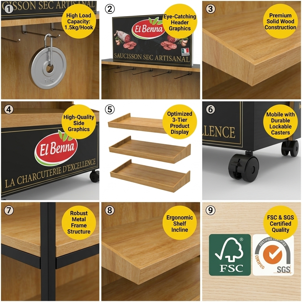 Wholesale Wooden Charcuterie Display Stand Floor Sausage Salami Saucisson Rack Vacuum Food Deli Merchandiser Slanted Shelf Hooks — view 5