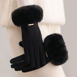 Gants en velours pas chers en gros avec poignets en fausse fourrure, mignons, de haute qualité, chauffants, pour femmes, hiver - Product Image 6