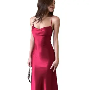 2024 musim semi baru kualitas tinggi gaun Suspender Slim A-line Satin sutra wanita Bodycon pesta Sundress malam