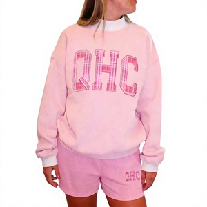 Sweat-shirt rose à col rond pour femme avec imprimé lettres QHC à carreaux, manches longues, en coton tricoté et fibre de bambou, pour l'automne, col montant - Product Image 1