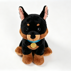 Peluche Personalizado de Doberman Pinscher, Cachorro de Doberman Sentado en Color Negro y Marrón con Collar Azul y Etiqueta de Medalla Dorada - Product Image 5