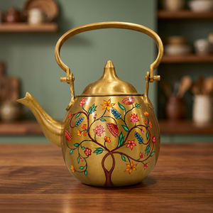 Théière en métal doré avec motif floral, style oriental, avec couvercle et poignée - Product Image 4