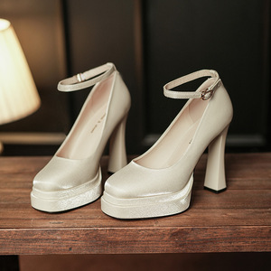 Mary Jane Pumps Round Toe Ankle Strap Block Heel Super High 8cm Up Satin Lining <b>Height</b> <b>Increasing</b> Wedding <b>Shoes</b> Y9595-3 - Product Image 1