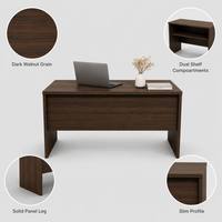 Bureau d'ordinateur modulaire minimaliste et fin, montage facile, étagères de rangement ouvertes, design à panneaux, table d'écriture à grain foncé pour bureau à domicile